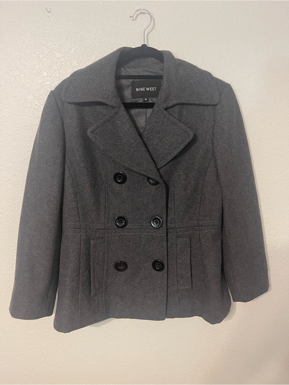 Nine West Charcoal Gray Double-Breasted Pea Coat Wool Blend